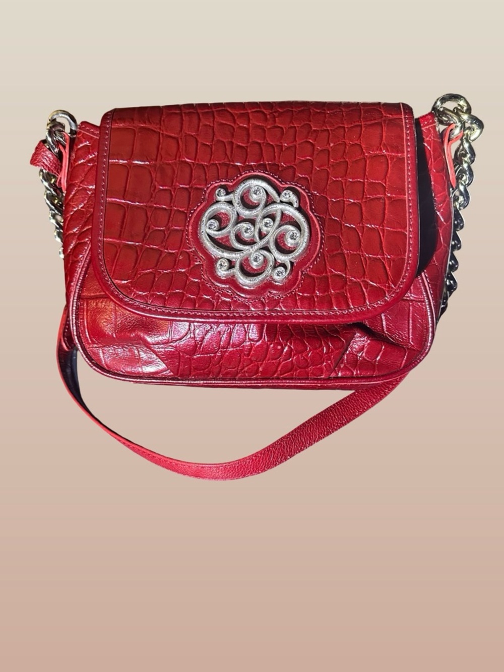 Brighton Red Croc-Embossed Leather shoulder bag with Silver Accent